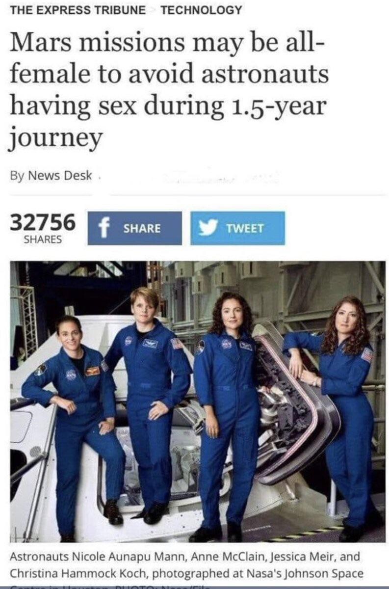 Headline reads 'Mars missions may be all female to avoid astronauts having sex during 1.5 year journey'.