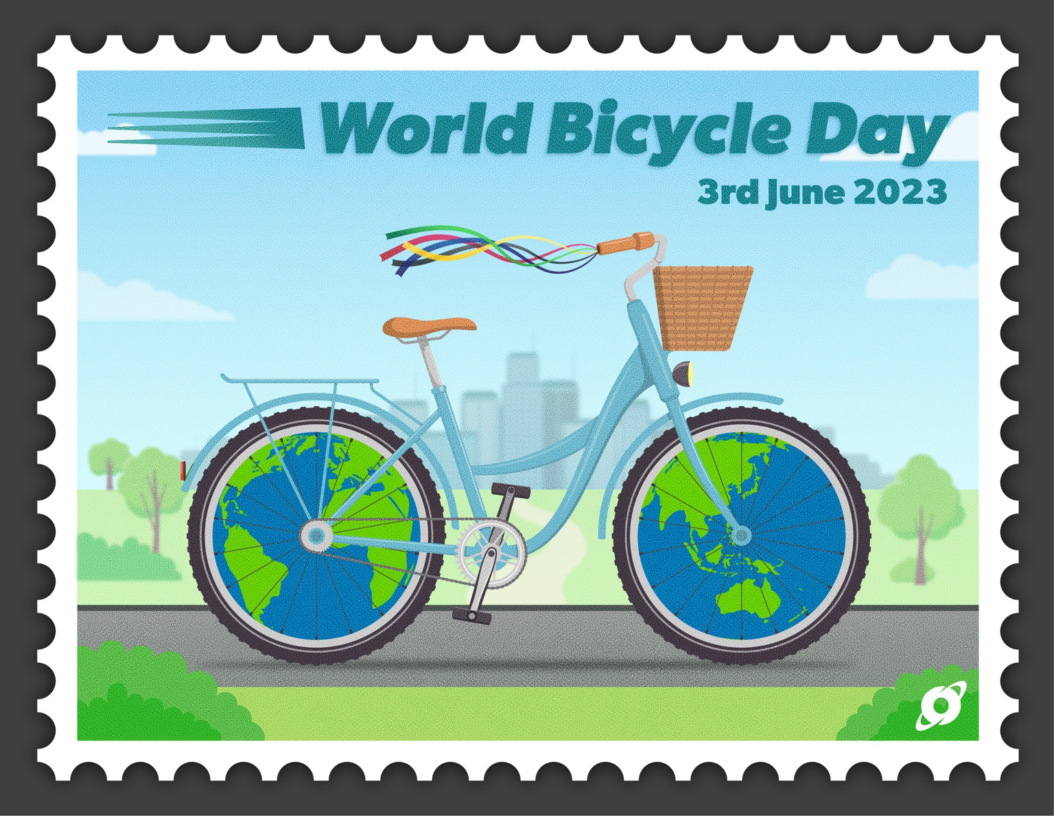 A stamp design featuring an illustration of bicycle with maps of the globe for wheels, commemorating World Bicycle Day on June 3rd.