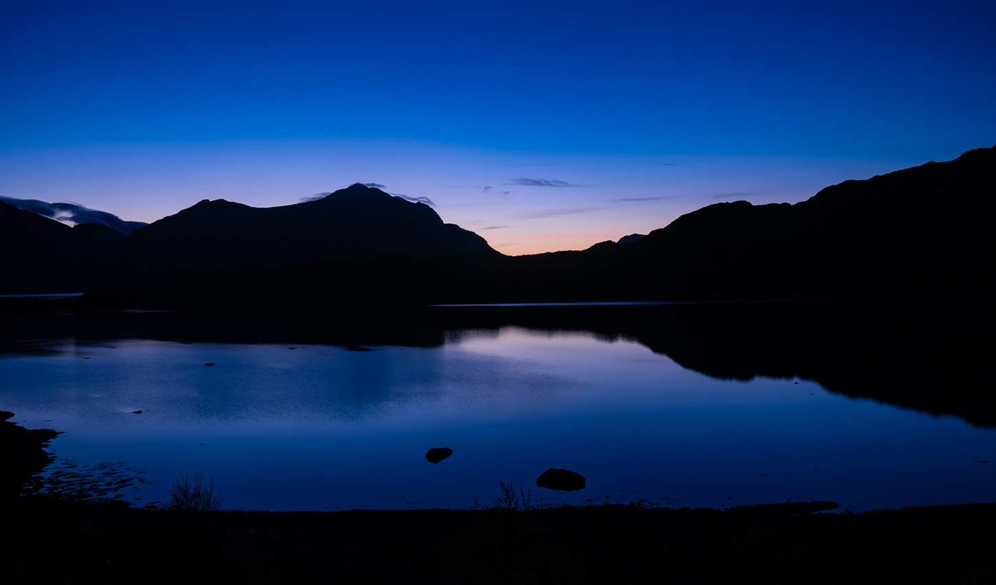 Blue sky reflected in still water.