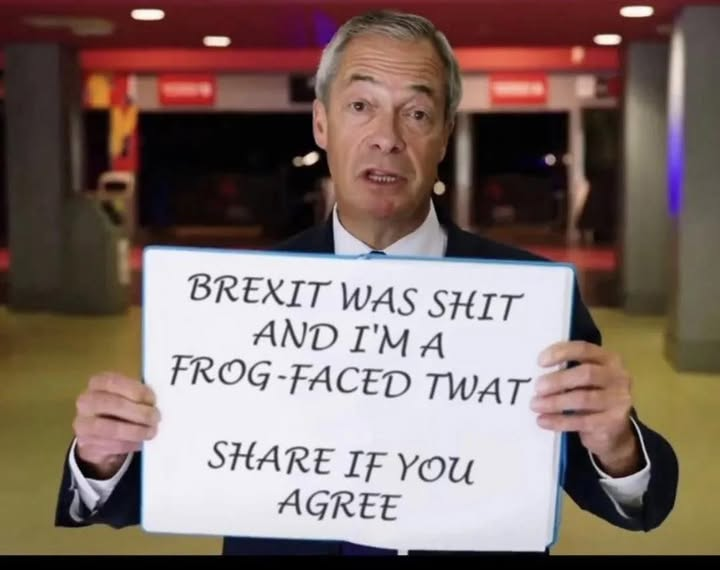
The picture is of Nigel Farage, holding a placard on which is written, 
BREXIT WAS SHIT AND I'M A FROG-FACED TWAT SHARE IF YOU AGREE 