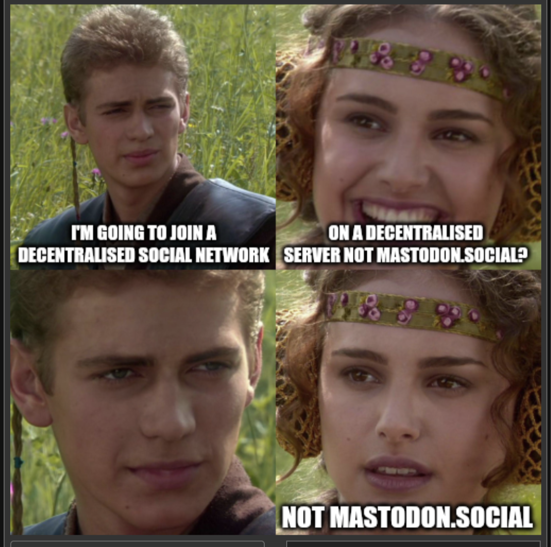 Anakin Padme 4 Panel meme.

Panel 1: I'm going to join a decentralised social network.

Panel 2: On a decentralised server not Mastodon.Social?

Panel 3.

Panel 4: Not Mastodon.Social